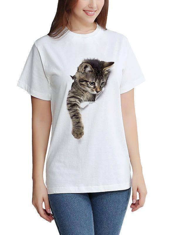 Women's Stylish 3D Cat Print Crewneck T-Shirt