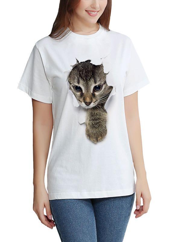 Women's Stylish 3D Cat Print Crewneck T-Shirt