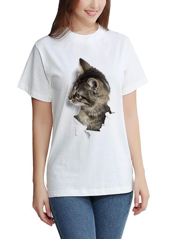 Women's Stylish 3D Cat Print Crewneck T-Shirt