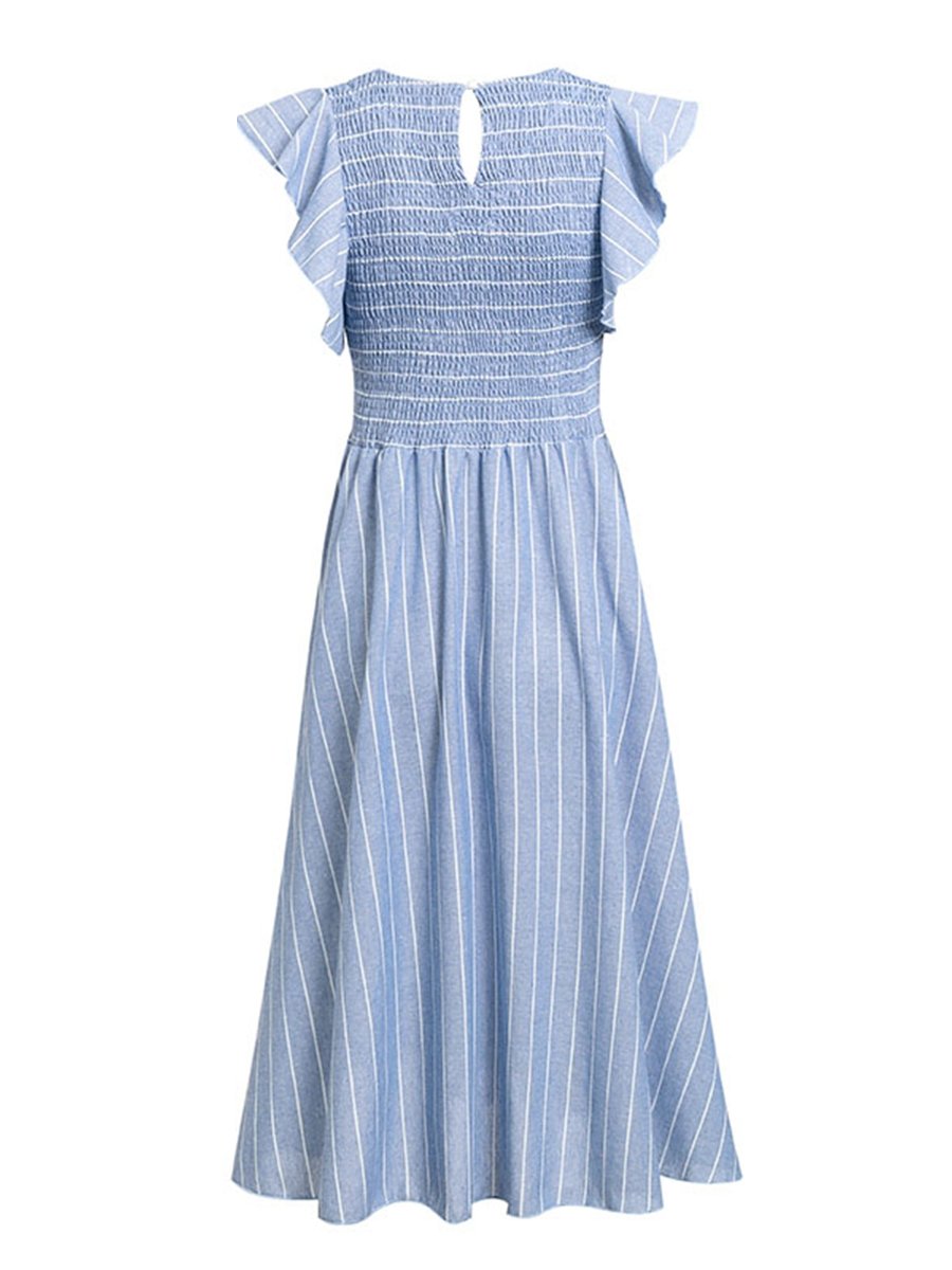 Womens Striped Long Dress Ruffles Linen Elegant Dress