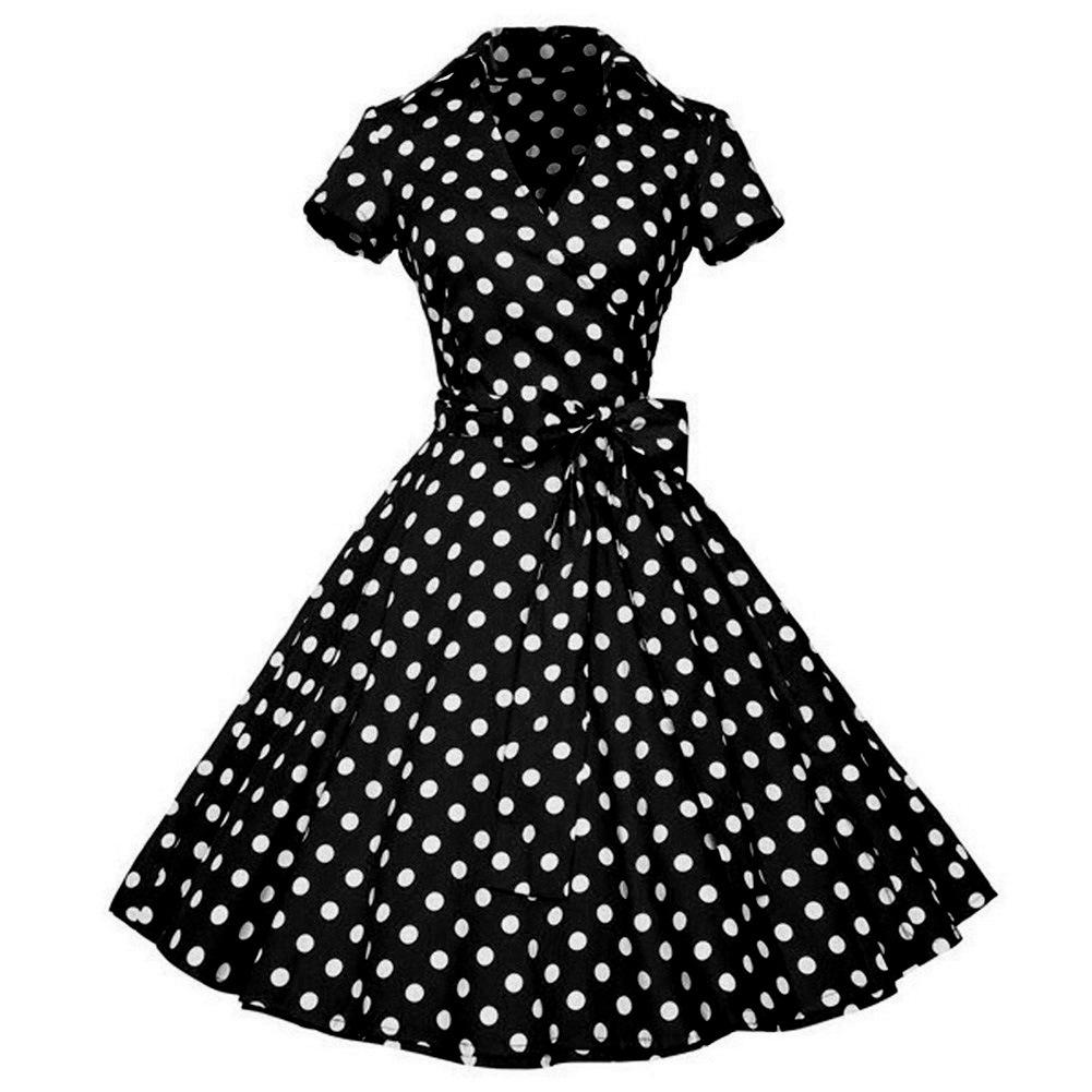 1950s Dress Polka Dot Short Sleeve Lapel Collar Vintage Swing Dresses