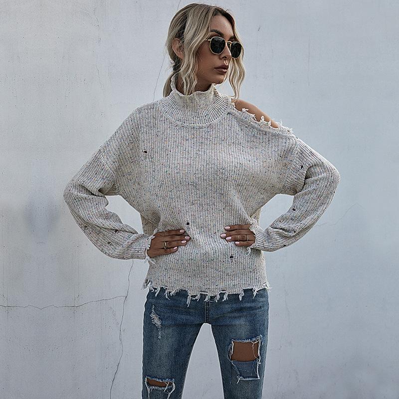 Women's Turtleneck Sweater Cutout Hole Ripped Knitted Sweater