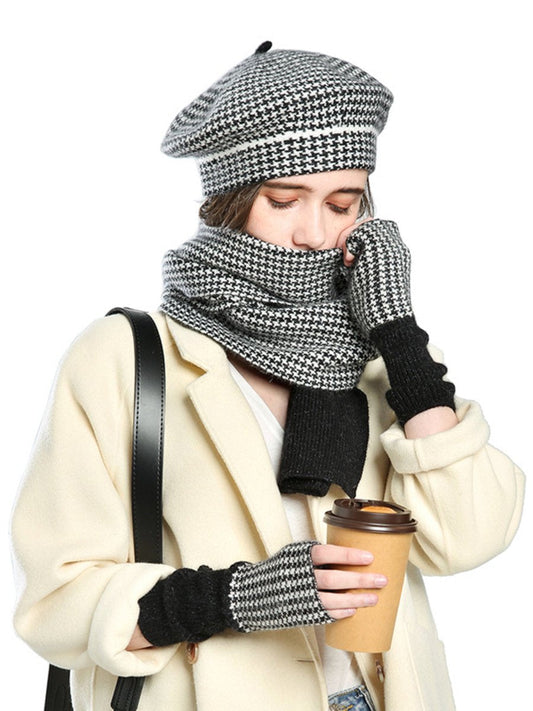 Women's Winter Hats Vintage Plaid Knitted Scarf Gloves Three-piece Accessories