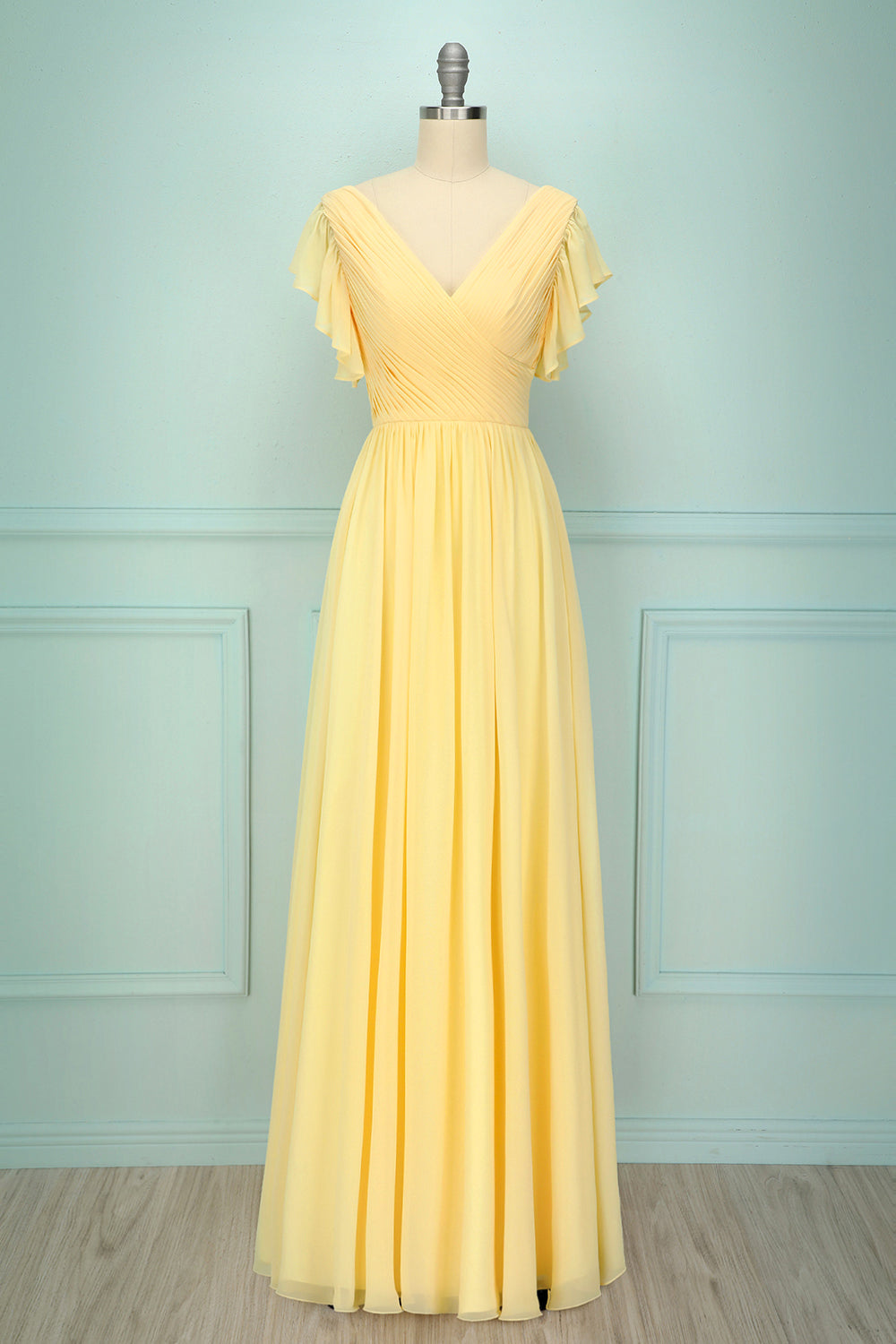 Yellow V-neck Long Bridesmaid Dress