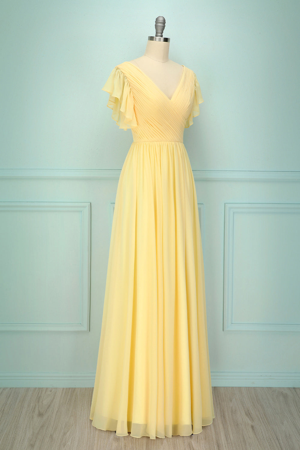 Yellow V-neck Long Bridesmaid Dress