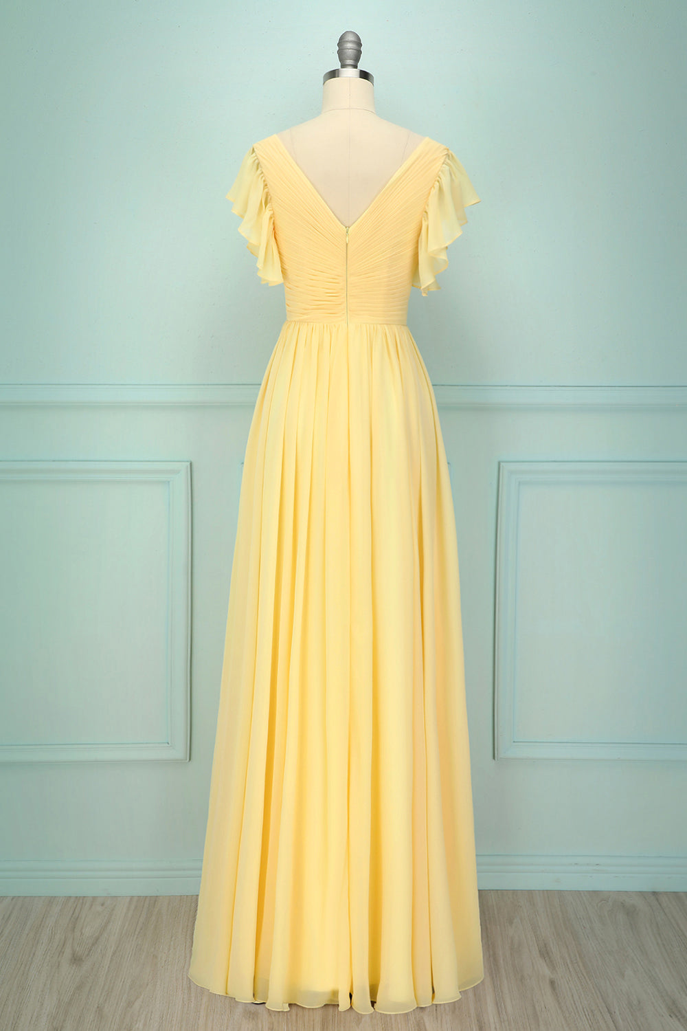 Yellow V-neck Long Bridesmaid Dress