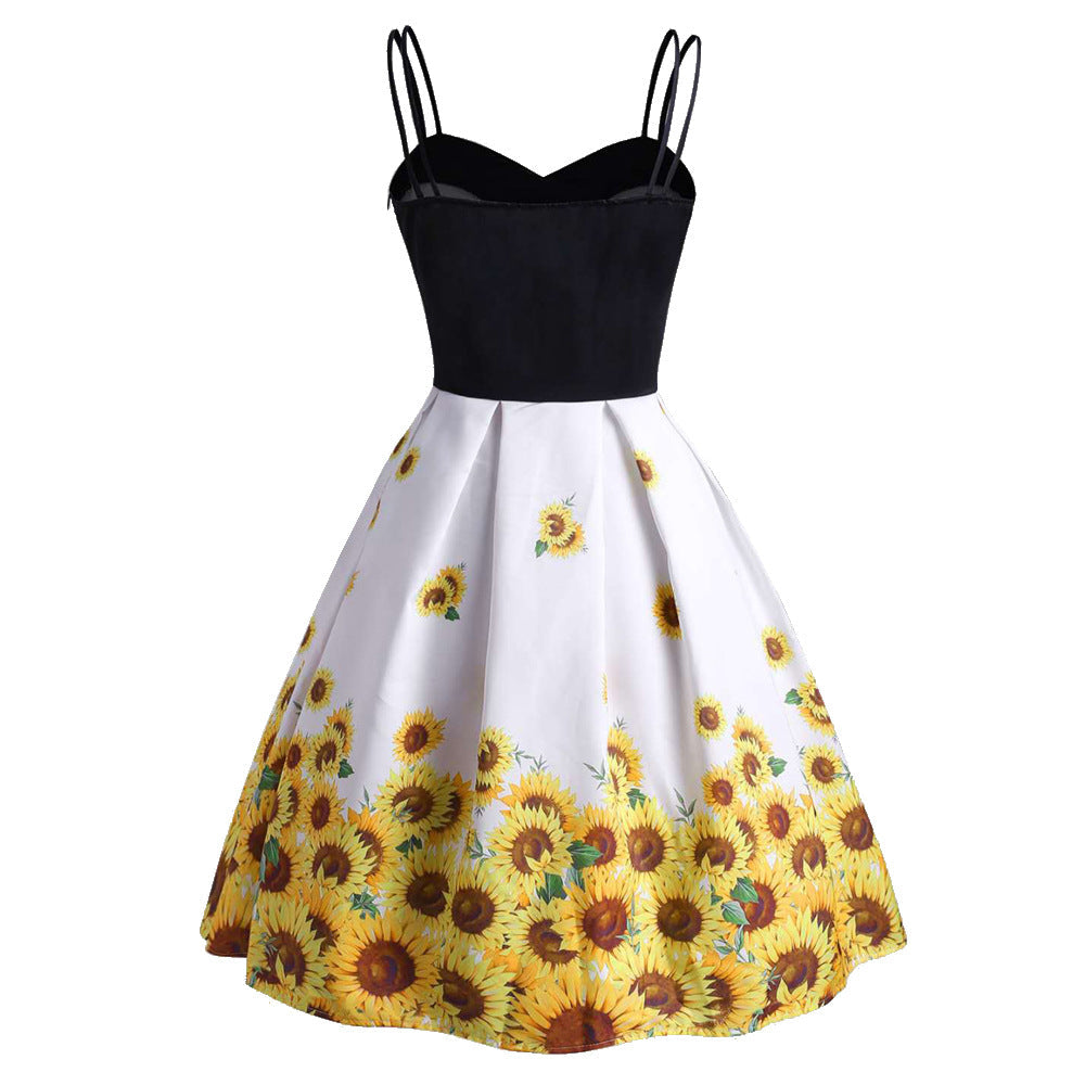 Women's Spaghetti Strap Dresses Vintage Floral Print Midi Swing Dress