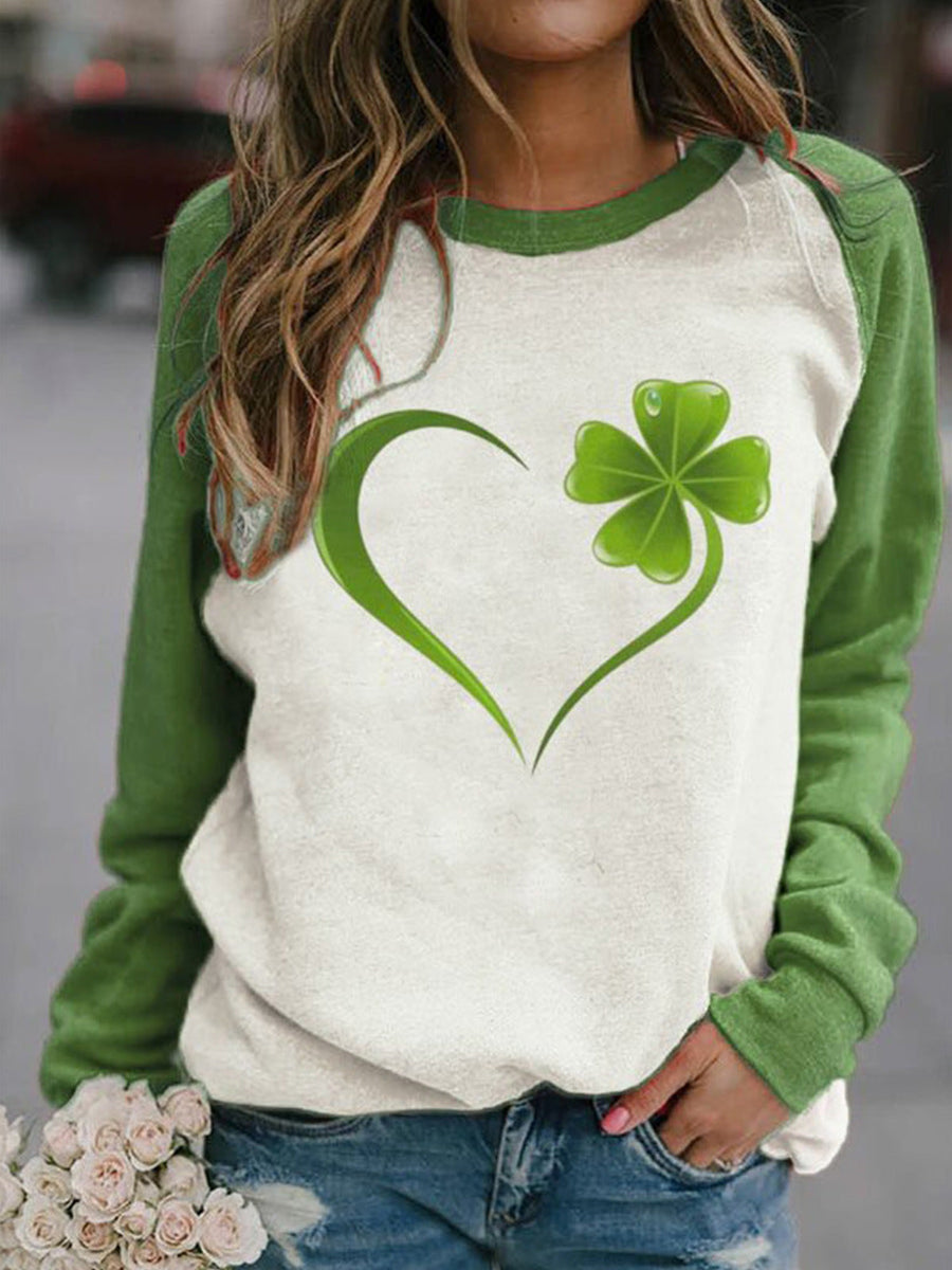 Women's Sweatshirts Love Four-leaf Clover Print Round Neck Pullover Tops