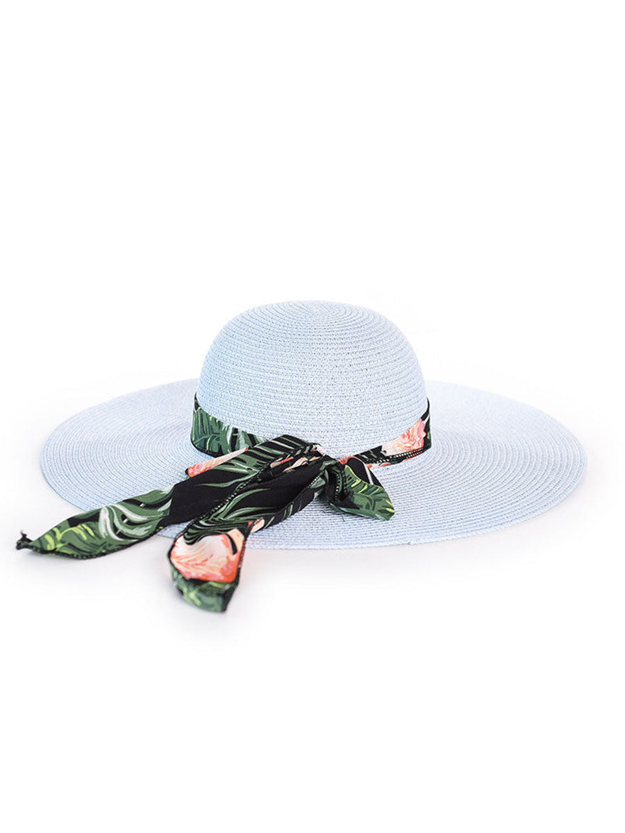 Women's Sun Hat Chiffon Streamer Large Brim Beach Straw Hat