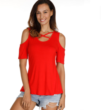 Women's Summer Shirts V Neck Criss Cross Casual Cold Shoulder Tops