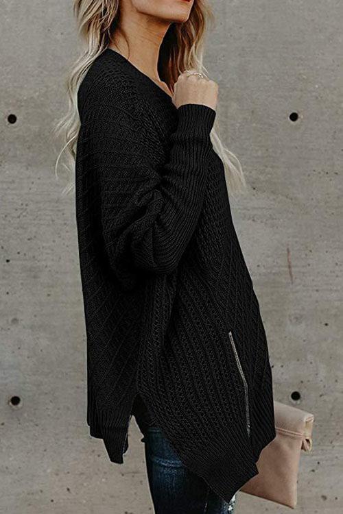 Zip Bat Sleeve Off-the-shoulder Sweater