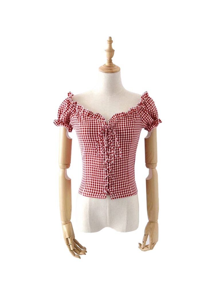 Womens Blouse Classic Plai Pattern Puff Sleeve Elegant  Top