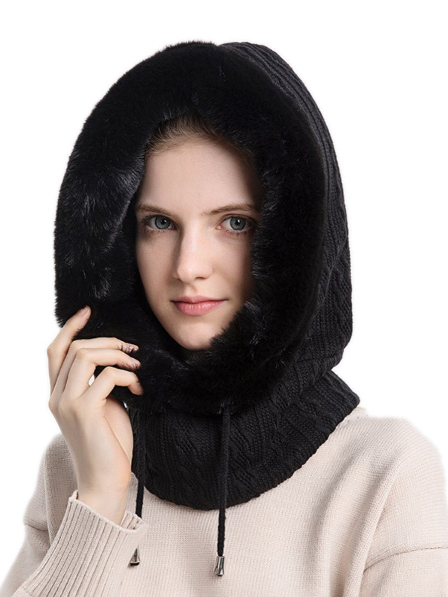 Women's Winter Hats Scarfe Mask One-piece Drawstring Plush Hood Hat