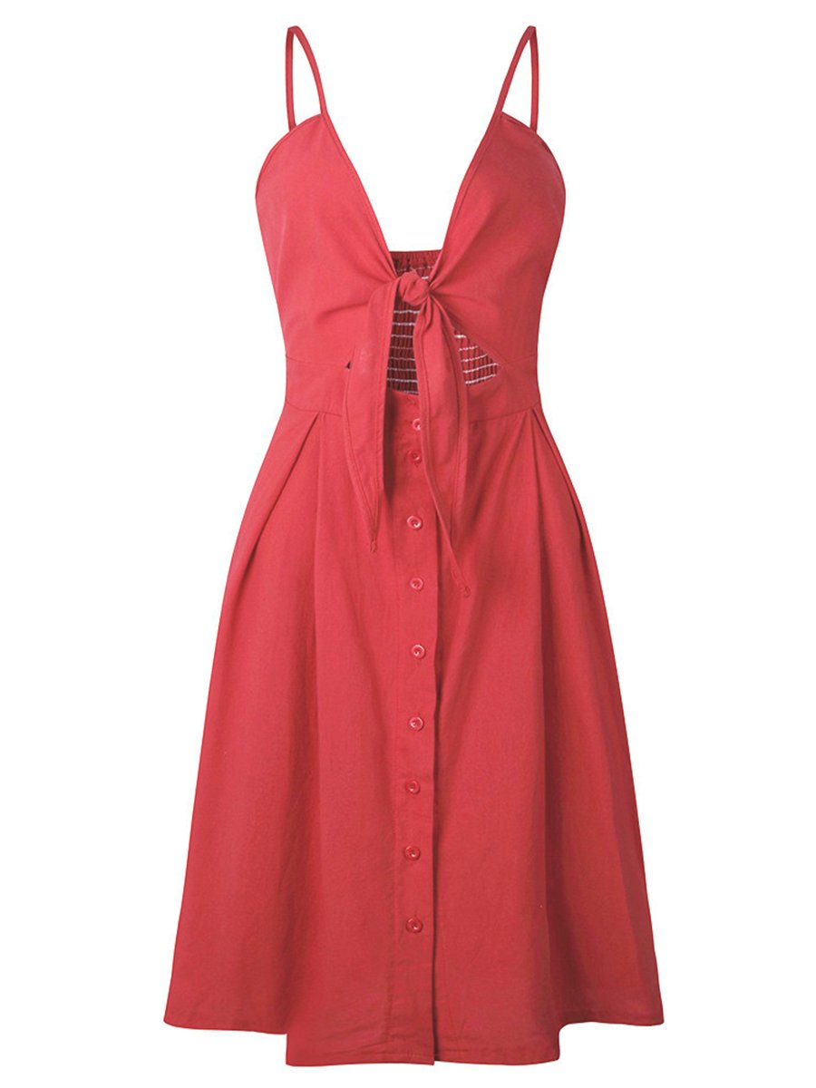 Womens V-Neck Dress Button Bow Decor Casual Dress