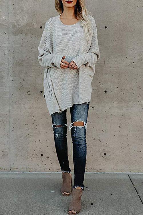 Zip Bat Sleeve Off-the-shoulder Sweater