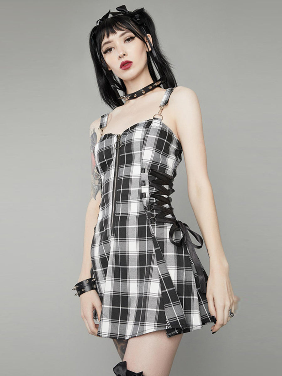 Women's Suspender Dress Square Neck Sleeveless Plaid Drawstring Zip Swing Dress