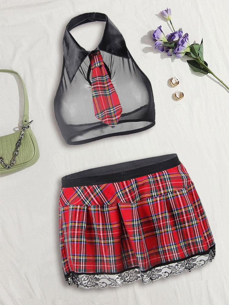 Women's Super Short Mini Plaid Skirt With Tie