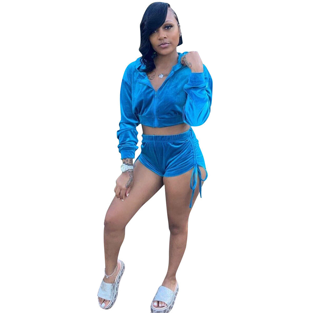 Women's Suit Hoodie Style Long Sleeve Drawstring Pleated Shorts Two-piece set