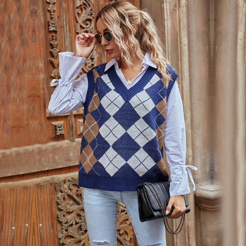 Womens Sweater Vests Plaid Preppy Style V-Neck Loose Knit sweater