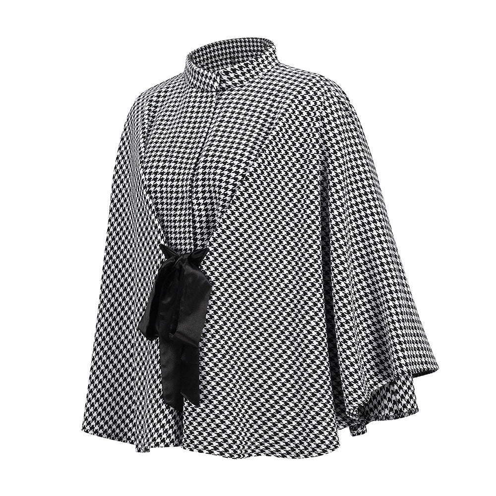 Women's Wool Cape Houndstooth Style Loose Bow Tie Outwear