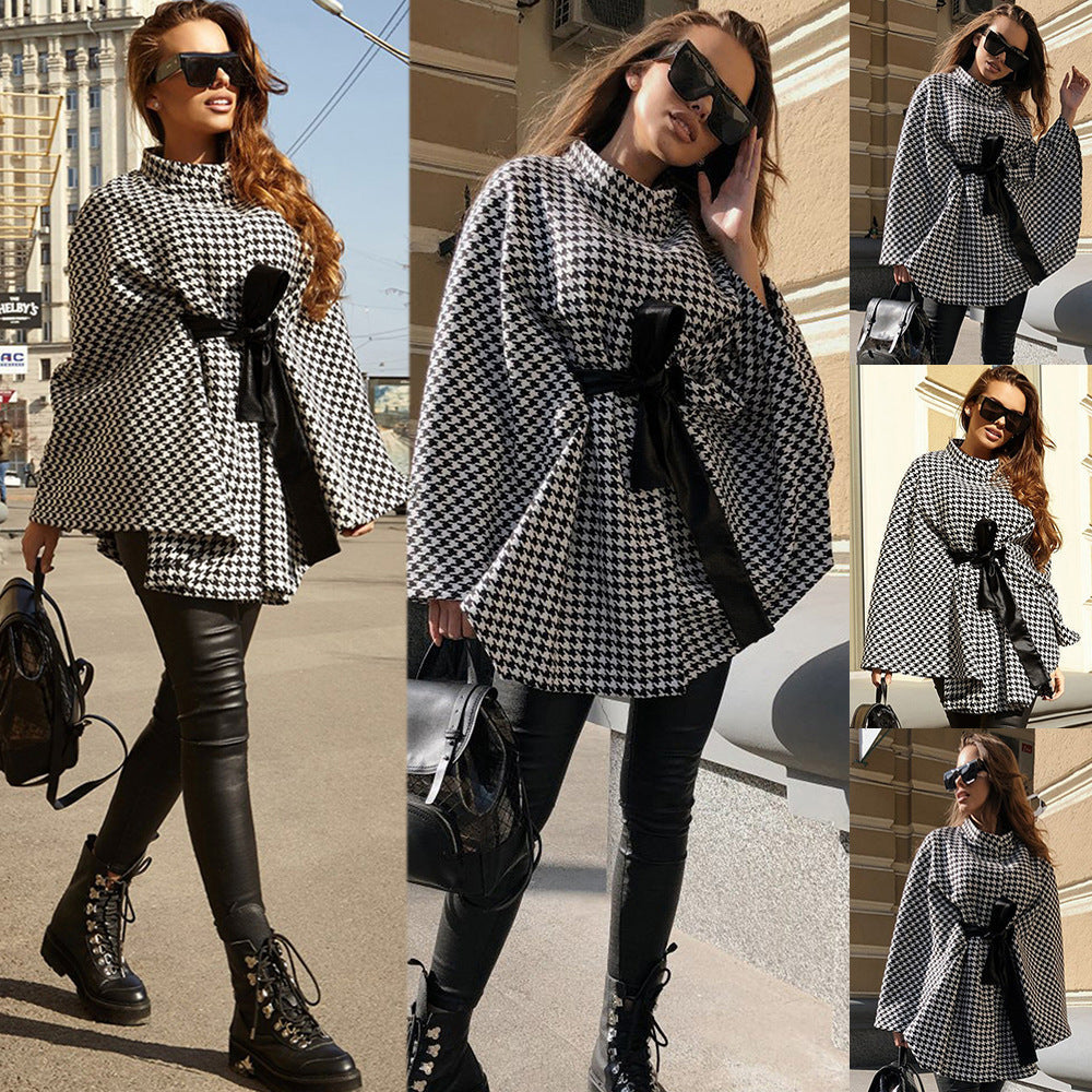 Women's Wool Cape Houndstooth Style Loose Bow Tie Outwear