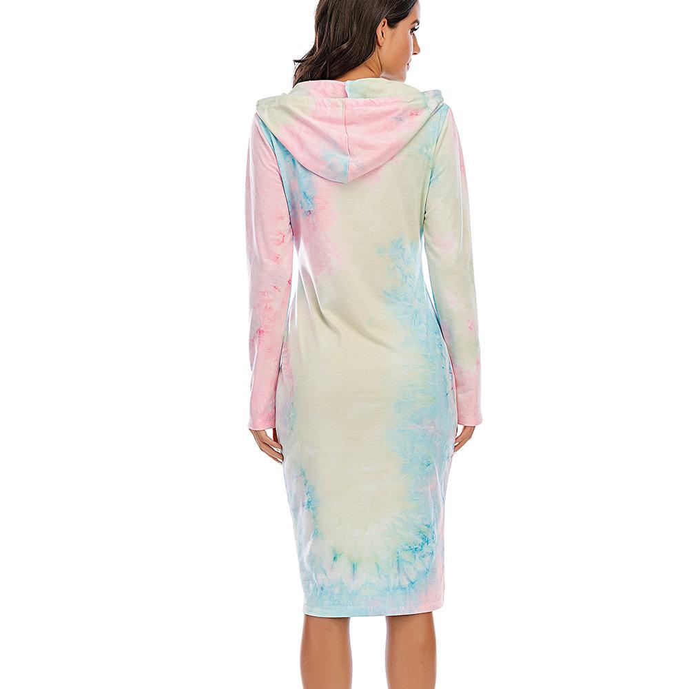 Women's Tie Dye Dress Long Sleeve Drawstring Midi Pencil Dress