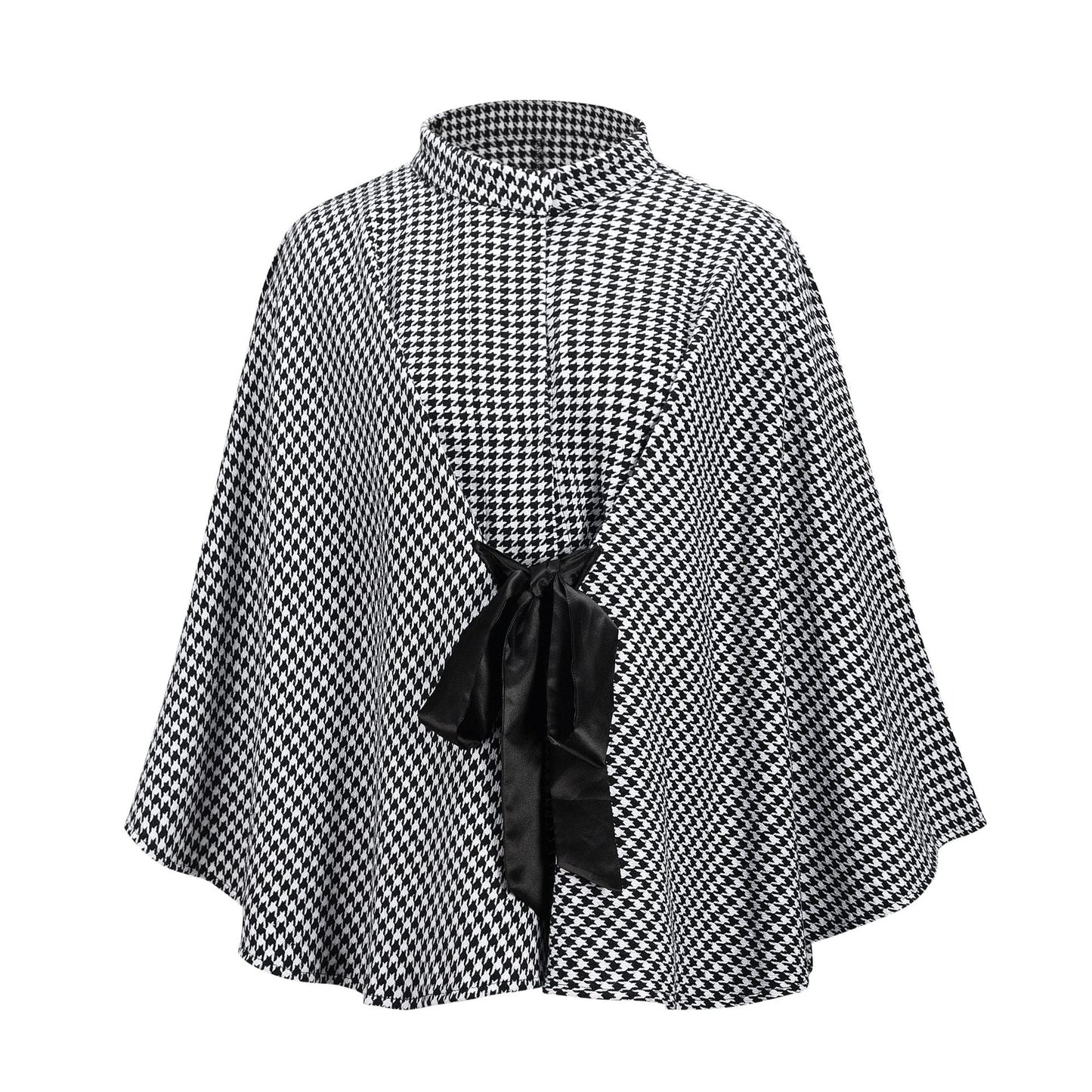 Women's Wool Cape Houndstooth Style Loose Bow Tie Outwear