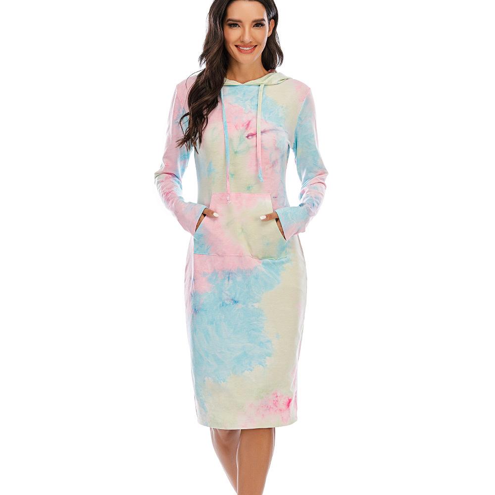 Women's Tie Dye Dress Long Sleeve Drawstring Midi Pencil Dress