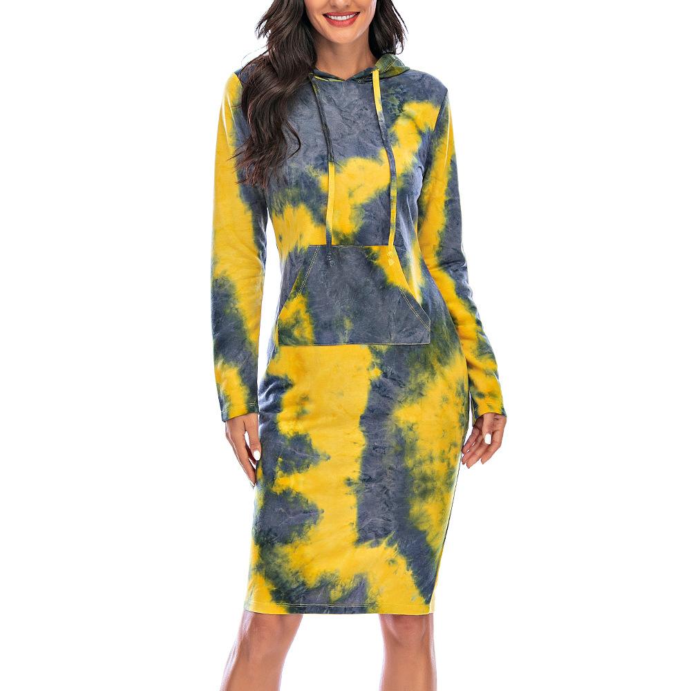 Women's Tie Dye Dress Long Sleeve Drawstring Midi Pencil Dress