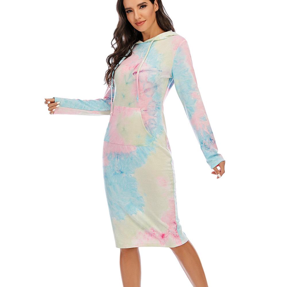 Women's Tie Dye Dress Long Sleeve Drawstring Midi Pencil Dress