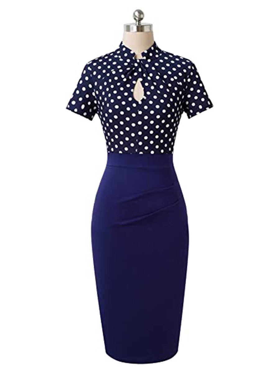 Women's Work Dress Polka Dots Stripe Hollow Out Blue Pencil Dress