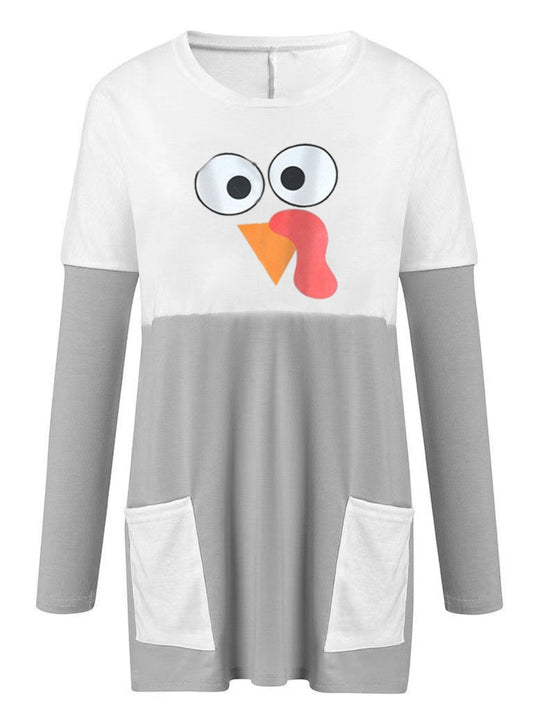 Women's T-shirts Thanksgiving Turkey Print Long Sleeve Pockets Casual Tops