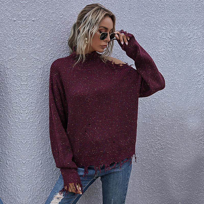 Women's Turtleneck Sweater Cutout Hole Ripped Knitted Sweater