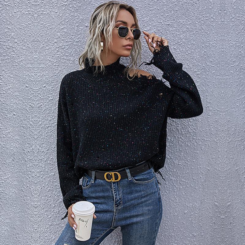 Women's Turtleneck Sweater Cutout Hole Ripped Knitted Sweater