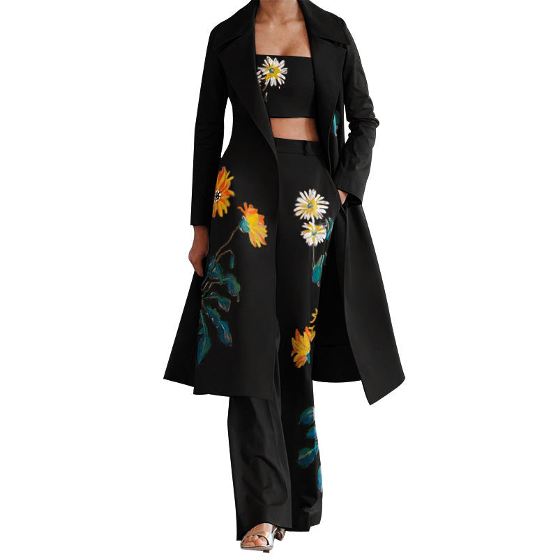 Women's Trentch Coat Floral Print Tank Top Wide-leg Pants Suit