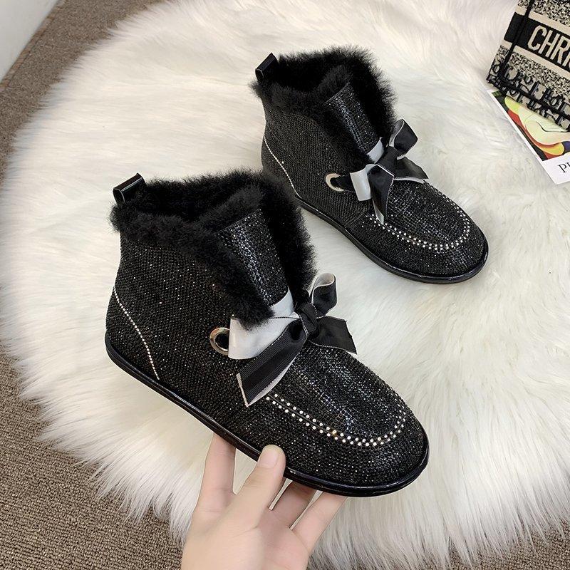 Women's Snow Boots Rhinestones Glitter Bow Tie Fur Lined Flat Boots