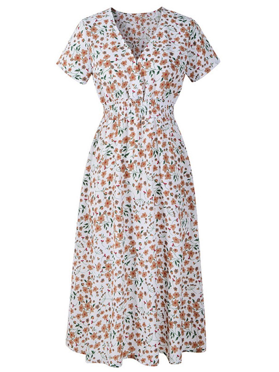 Womens Casual Dress V-neck Slim Floral Dress