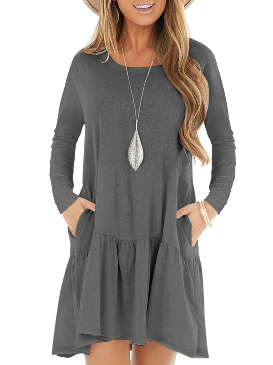 Women's Swing Dress With Pocket Long Sleeve O-Neck Irregular Hem Casual Dress