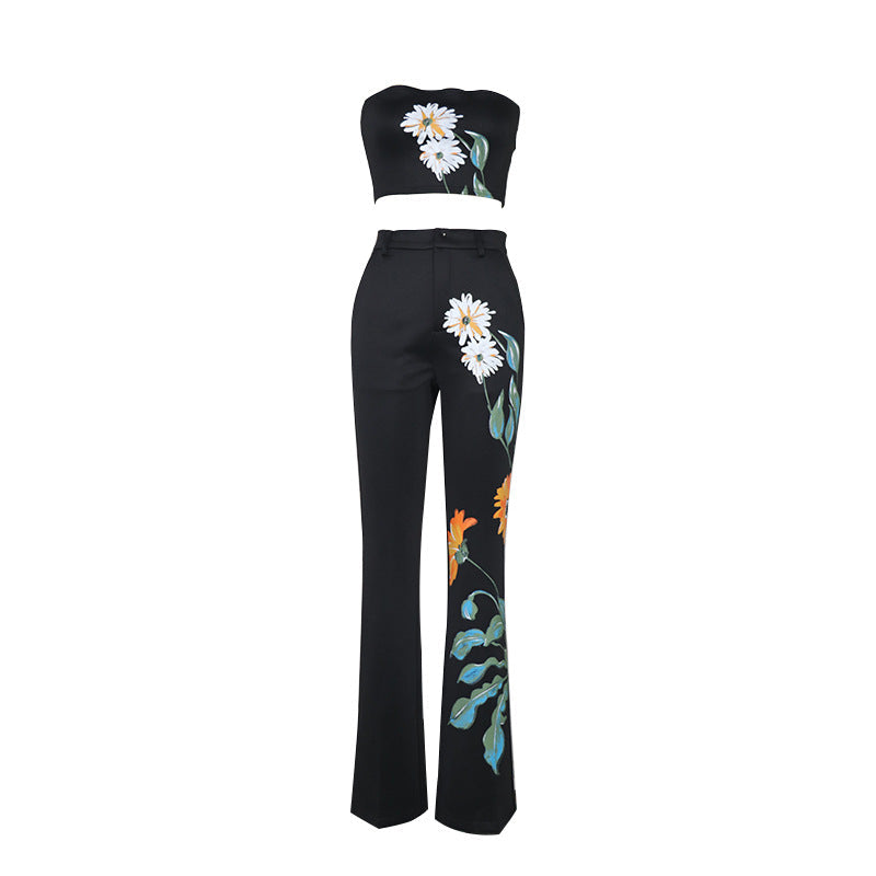 Women's Trentch Coat Floral Print Tank Top Wide-leg Pants Suit