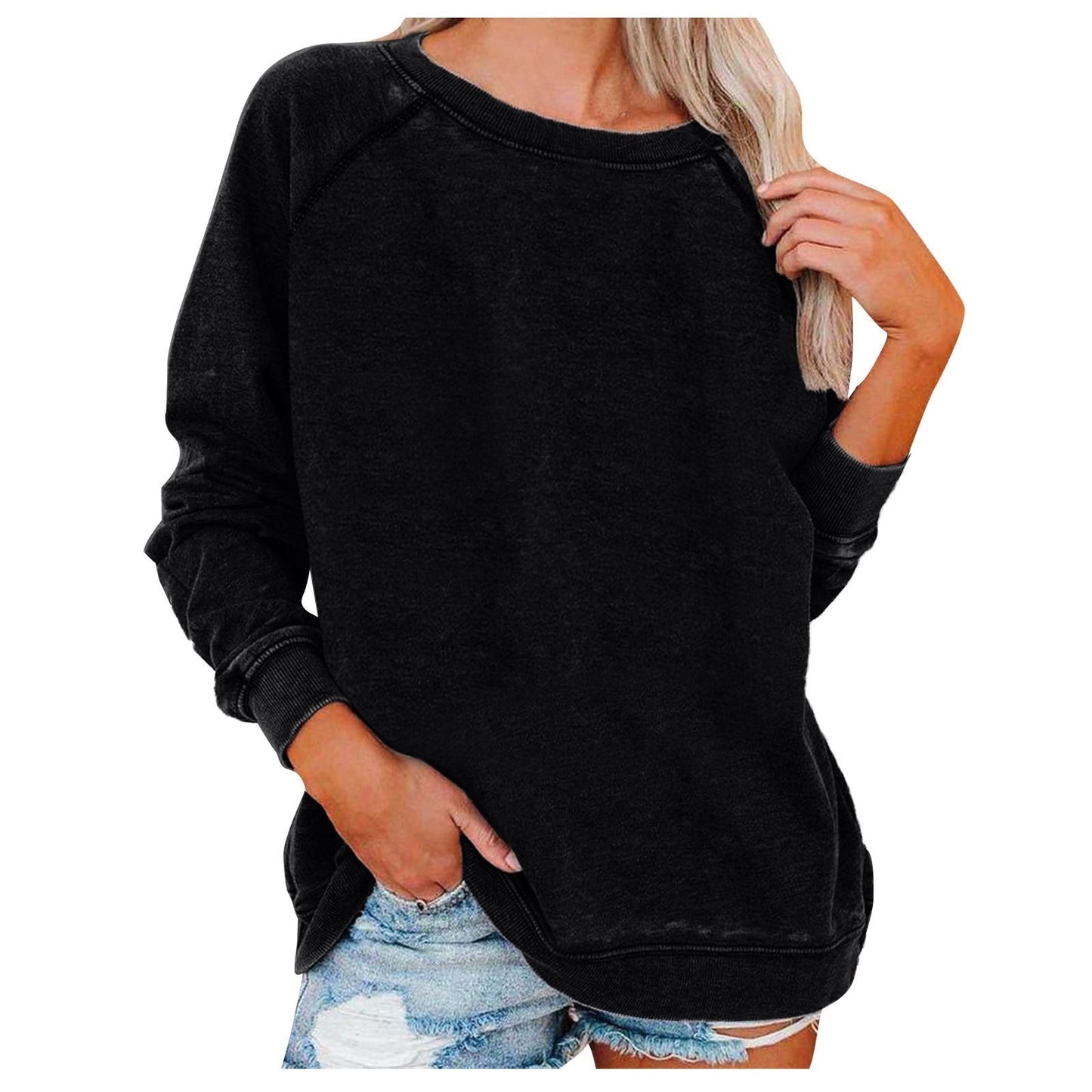 Women's Top Solid Color Raglan Sleeves Crew Neck Pullover Hoodie