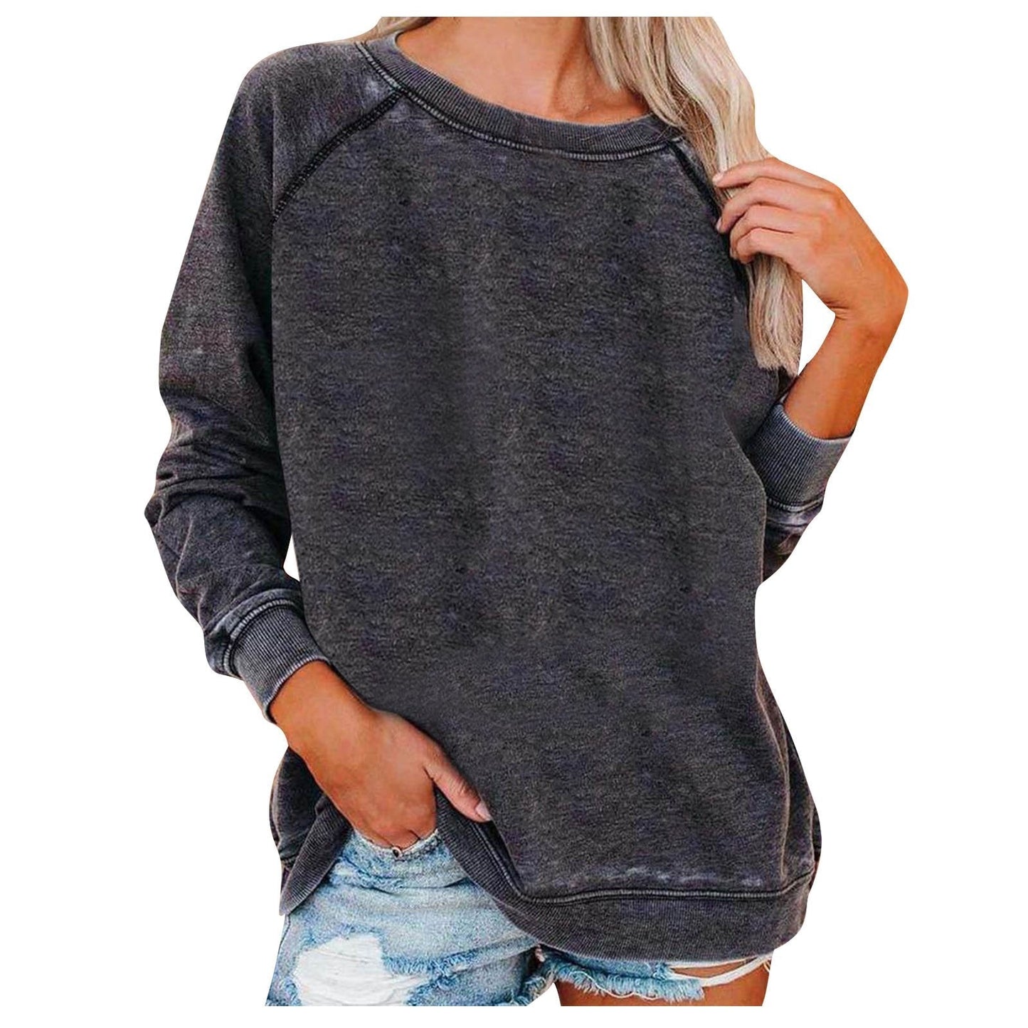 Women's Top Solid Color Raglan Sleeves Crew Neck Pullover Hoodie