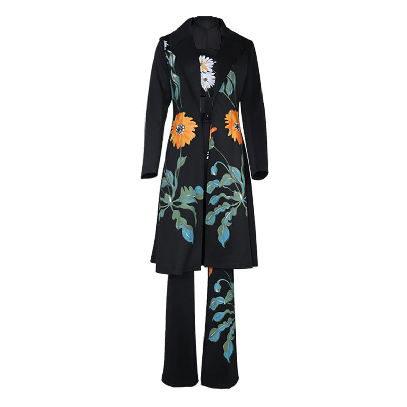 Women's Trentch Coat Floral Print Tank Top Wide-leg Pants Suit