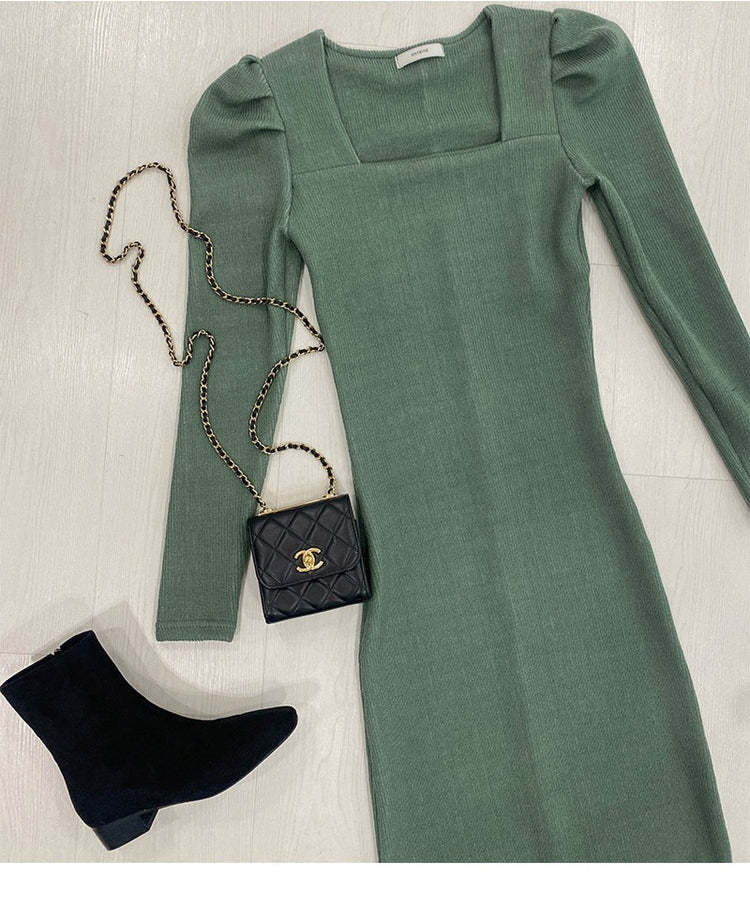 Women's Sweater Dresses Square Neck Long Sleeve Maxi Bodycon Dresses