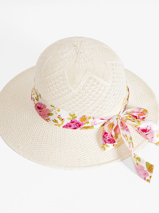 Women's Straw Hat Lace Flower Ribbon Large Brim UV Protection Sun Hat