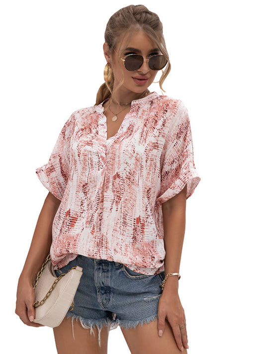 Women's T-shirt V-neck Tie-Dye Print Short Sleeves Casual Chiffon Tops