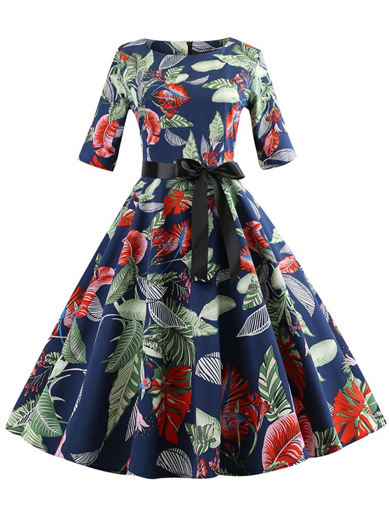 Womens Half Sleeve Dress Floral Print  Elegant Office A-line Dress