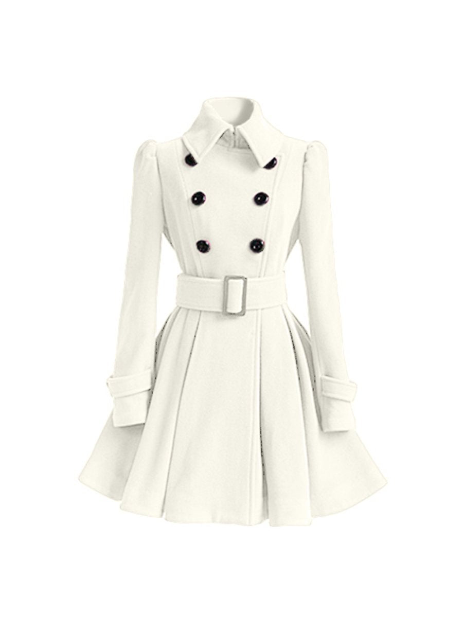 Women's Wool Coats Slim Lapel Collar Mid-length Belted A-line Wool Coats