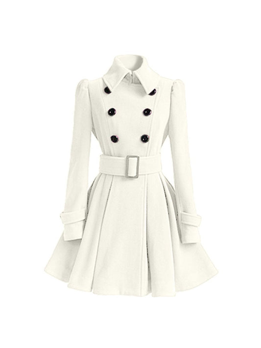 Women's Wool Coats Slim Lapel Collar Mid-length Belted A-line Wool Coats