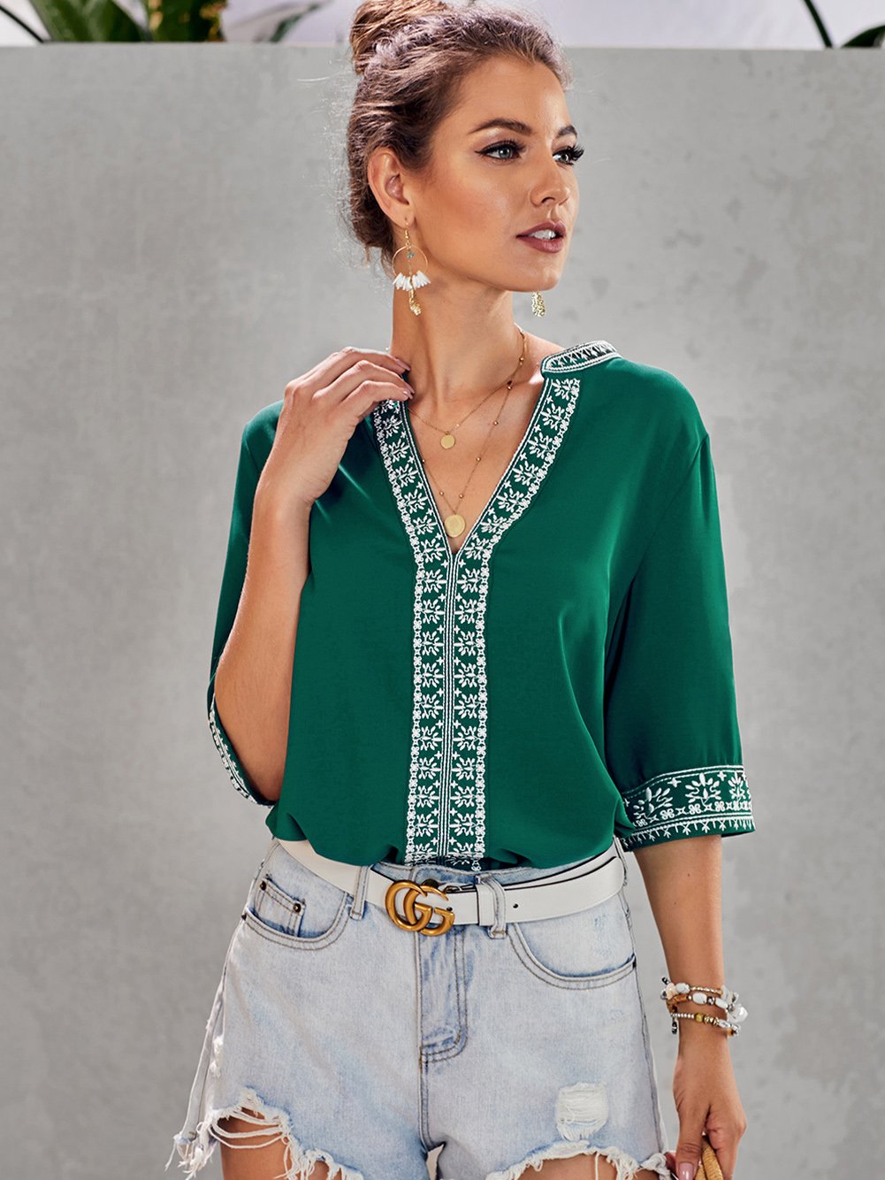 Womens Casual V Neck Shirt  Embroidered Print Blouse