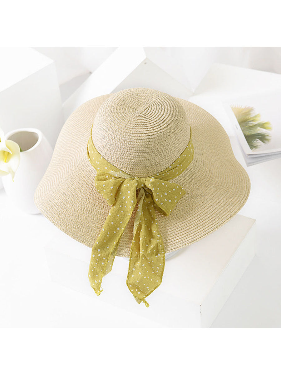 Women's Sun Hat Chiffon Streamer Large Brim Beach Straw Hat